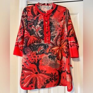 NWOT Soft Surroundings Orange Asian Inspired Caftan Kimono Tunic Top, size Small
